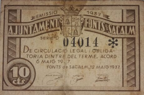 Аверс банкноты 10 сентимо шрифтов Сакальма (Испания) 1937 года