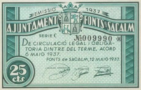 Аверс банкноты 25 centymów czcionek Sacalm (Hiszpania) 1937