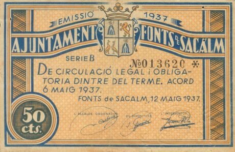 Аверс банкноты 50 centymów czcionek Sacalm (Hiszpania) 1937