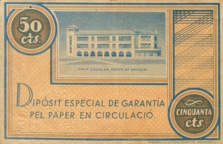 Реверс банкноты 50 centymów czcionek Sacalm (Hiszpania) 1937