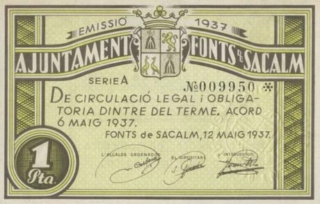 Аверс банкноты 1 peseta Fonts de Sacalm (Hiszpania) 1937