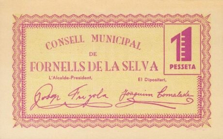 Аверс банкноты 1 peseta Fornells de la Selva (Hiszpania) 1937