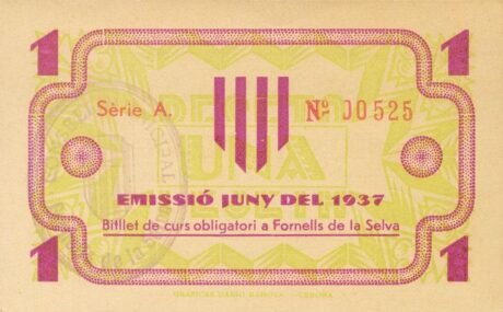 Реверс банкноты 1 peseta Fornells de la Selva (Hiszpania) 1937