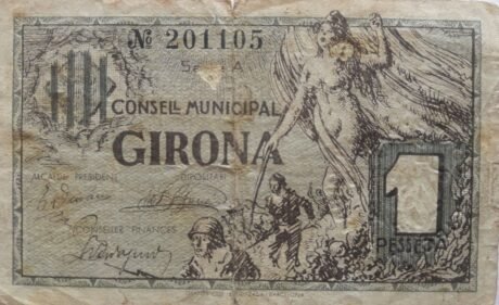 Аверс банкноты 1 песета Жирона (Испания) 1937 года