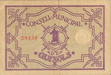 Реверс банкноты 1 peseta Guixols (Spain) 1937