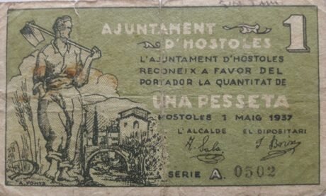 Аверс банкноты 1 песета хостолес (Испания) 1937 года