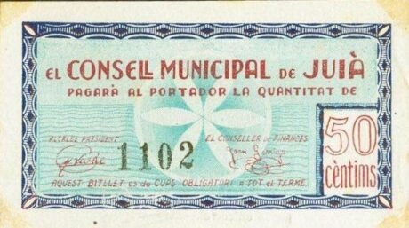 Аверс банкноты 50 сантимов Жуа (Испания) 1937 года