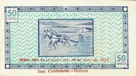 Реверс банкноты 50 сантимов Жуа (Испания) 1937 года