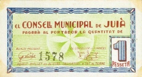 Awers banknotu 1 peseta Huya (Spain) 1937