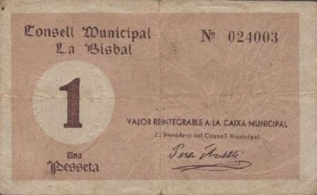 Аверс банкноты 1 peseta la bisbal d'Empordà (Hiszpania) 1937