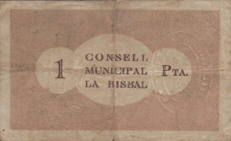 Реверс банкноты 1 peseta la bisbal d'Empordà (Hiszpania) 1937