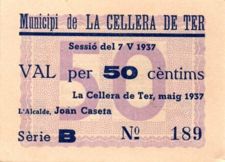 Awers banknotu 50 centymów La Cellera de Ter (Hiszpania) 1937
