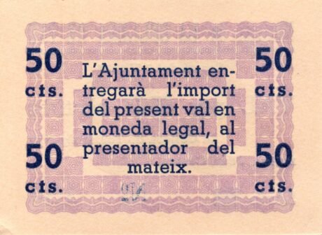 Rewers banknotu 50 centymów La Cellera de Ter (Hiszpania) 1937