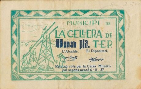 Аверс банкноты 1 песета Ла-Сельера-де-Тер (Испания) 1937 года