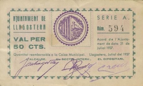 Аверс банкноты 50 centymów Llagostera (Hiszpania) 1937