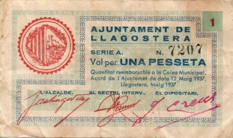 Аверс банкноты 1 peseta Llagostera (Spain) 1937