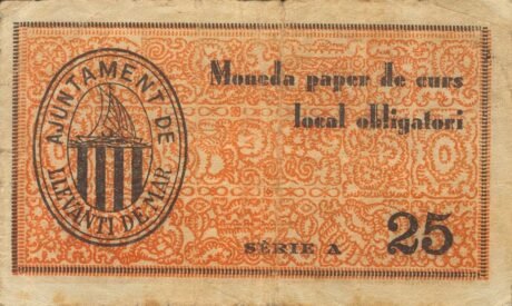 Awers banknotu 25 centymów Levanti de Mar (Hiszpania) 1937