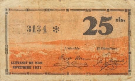Rewers banknotu 25 centymów Levanti de Mar (Hiszpania) 1937