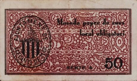 Аверс банкноты 50 centymów Lievanti de Mar (Hiszpania) 1937