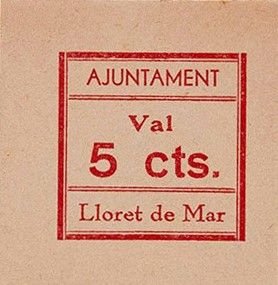 Аверс банкноты 5 сантимов Льорет-де-Мар (Испания)