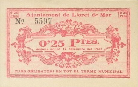 Аверс банкноты 0,25 peset Lloret de Mar (Hiszpania) 1937
