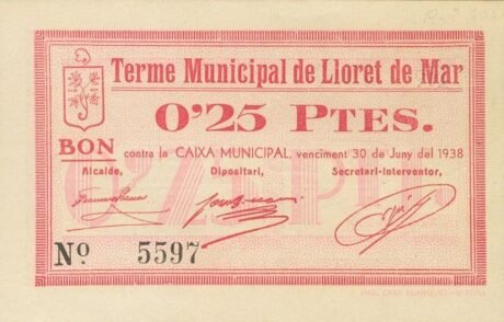Реверс банкноты 0,25 peset Lloret de Mar (Hiszpania) 1937