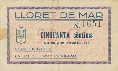 Реверс банкноты 50 сантимов Льорет-де-Мар (Испания) 1937 года