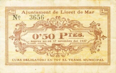Аверс банкноты 0,50 peset Lloret de Mar (Hiszpania) 1937
