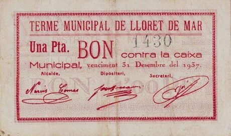 Аверс банкноты 1 песета Льорет-де-Мар (Испания) 1937 года