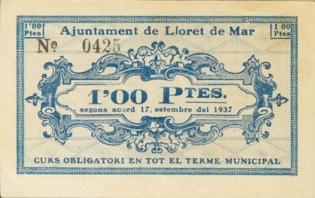 Аверс банкноты 1 peseta Lloret de Mar (Hiszpania) 1937
