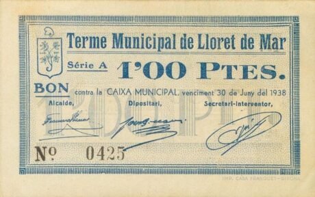 Реверс банкноты 1 peseta Lloret de Mar (Hiszpania) 1937