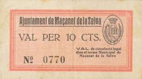 Awers banknotu 10 centymów Masanet de la Selva (Hiszpania) 1937