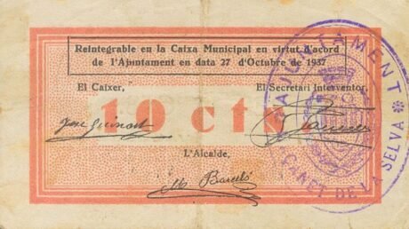 Rewers banknotu 10 centymów Masanet de la Selva (Hiszpania) 1937