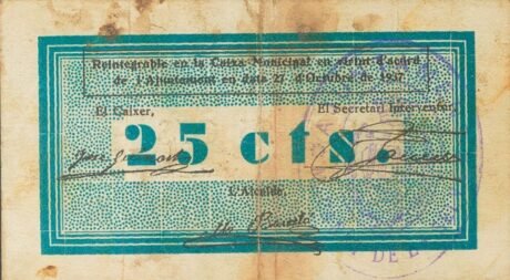 Реверс банкноты 25 centymów Masanet de la Selva (Hiszpania) 1937