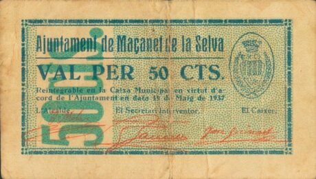 Аверс банкноты 50 сантимов Масанет де ла Сельва (Испания) 1937 года