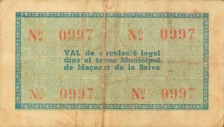 Реверс банкноты 50 сантимов Масанет де ла Сельва (Испания) 1937 года