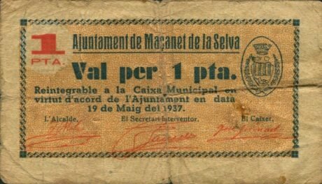 Аверс банкноты 1 peseta Masanet de la Selva (Hiszpania) 1937