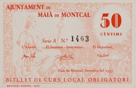 Аверс банкноты 50 сантимов Майя де Монкаль (Испания) 1937 года