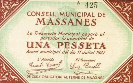 Аверс банкноты 1 peseta Massanés (Hiszpania) 1937