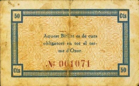 Реверс банкноты 50 сантимов Осор (Испания)