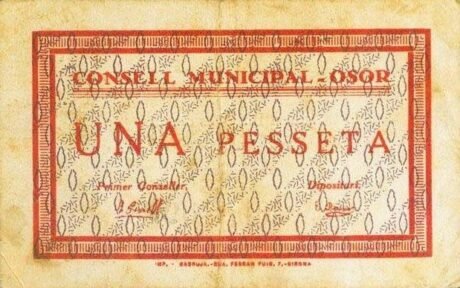 Аверс банкноты 1 песета Осор (Испания)
