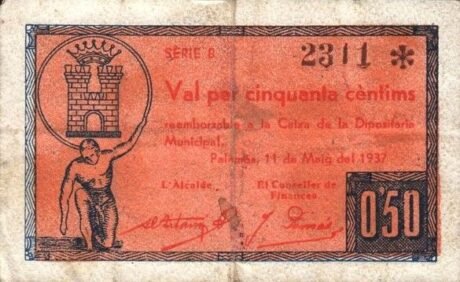 Аверс банкноты 50 centymów Palamos (Hiszpania) 1937