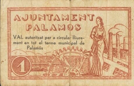 Реверс банкноты 1 peseta Palamos (Hiszpania) 1937