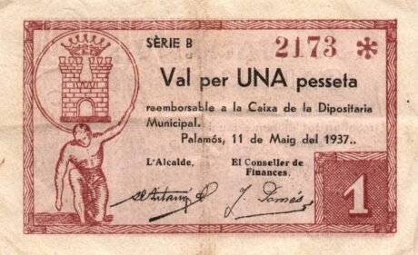 Аверс банкноты 1 peseta Palamos (Hiszpania) 1937
