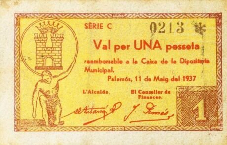 Аверс банкноты 1 песета Паламос (Испания) 1937 года