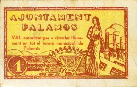 Реверс банкноты 1 песета Паламос (Испания) 1937 года