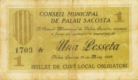 Аверс банкноты 1 peseta Palau-Sacosta (Hiszpania) 1937