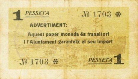 Реверс банкноты 1 peseta Palau-Sacosta (Hiszpania) 1937