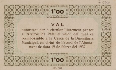 Реверс банкноты 1 peseta pals (Hiszpania) 1937