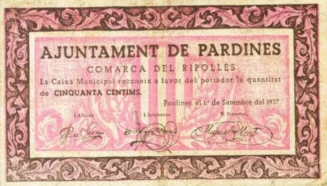 Аверс банкноты 50 centymów Pardines (Hiszpania) 1937